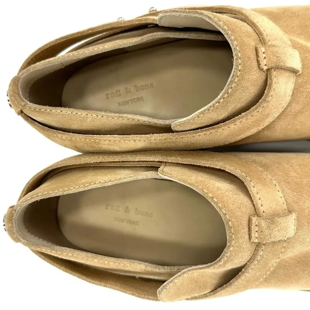 Rag & Bone Harley Women Tan Moto Bootie Size 7 Italian Suede Belted Block Heel